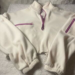 Forever 21 (Med) Cropped White Fleece 3 Purple Zippers & Pull Waist Tie Jacket